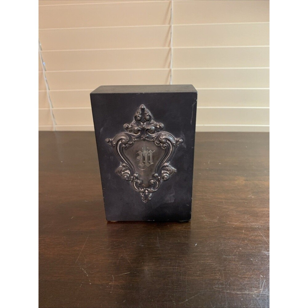 Silver Initialed Bookend On Stone Slate Very Heavy “M”
